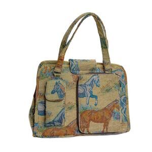 Vintage Y2K Horse Tapestry Hand Bag Purse Multicolor Fabric Stallions Western